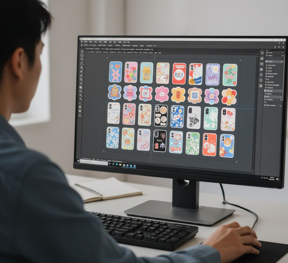 Tips for maximizing UV DTF film sheet usage and profit Designer using software to nest multiple decal designs on one A3 UV DTF sheet, a key tip for reducing material waste