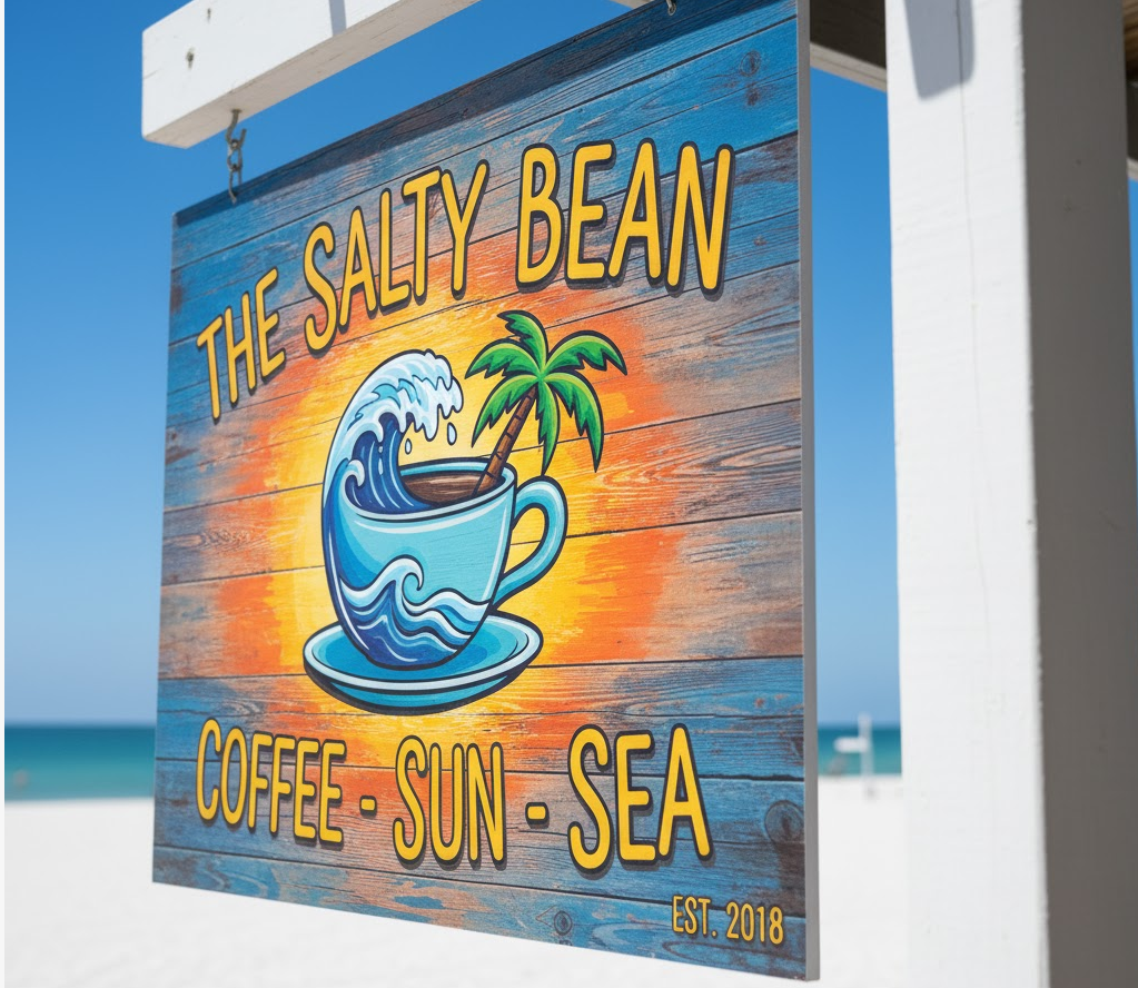 A vibrant, weathered-looking sign for "The Salty Bean" beachfront cafe, showcasing the real-world durability of UV ink in harsh outdoor conditions beachfront-cafe-sign-uv-ink-durability