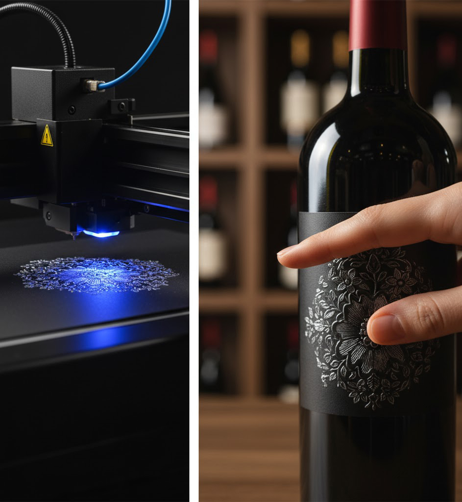 Raised UV Printing on Wine Label with 3D Embossed Printing Machine A close-up of raised UV printing on a luxury wine label created with a 3D embossed printing machine and embossed printer for tactile texture design