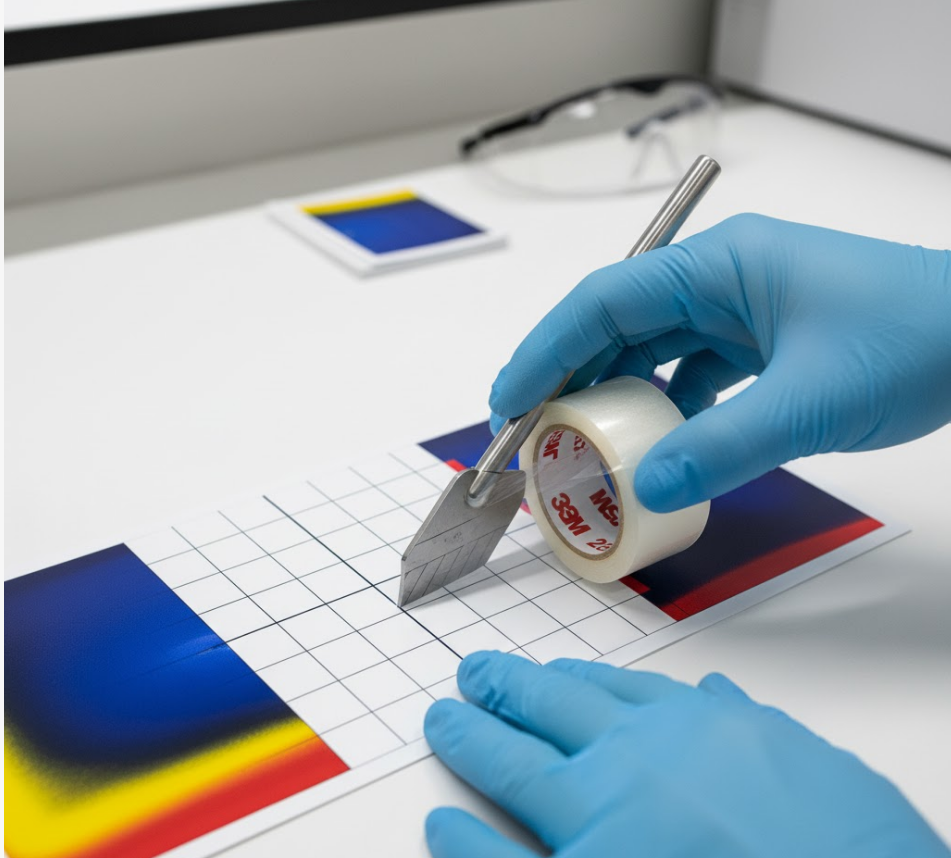 technician-cross-hatch-adhesion-test-uv-ink A close-up photo of a technician performing a cross-hatch adhesion test on a printed sample. This adds a layer of technical credibility.