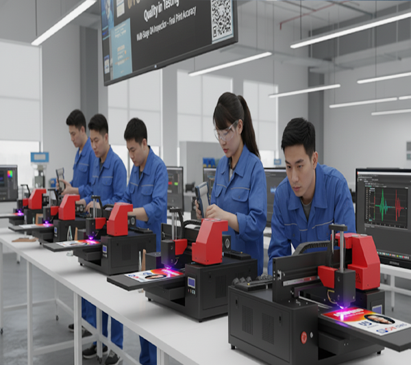 Rigorous testing ensures long-term reliability of uv printers before delivery Team testing durability and performance of industrial uv printers for consistent quality assurance