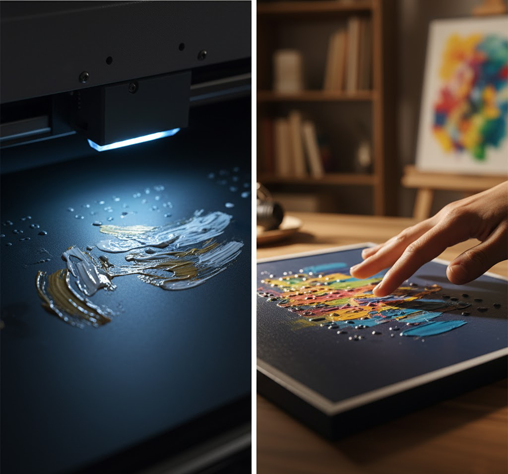 Raised UV Printing Texture with 3D Photo Printing Machine & Embossed Printer Close-up of raised UV printing texture created by a 3D photo printing machine and 3D embossed printing machine, showing tactile color details