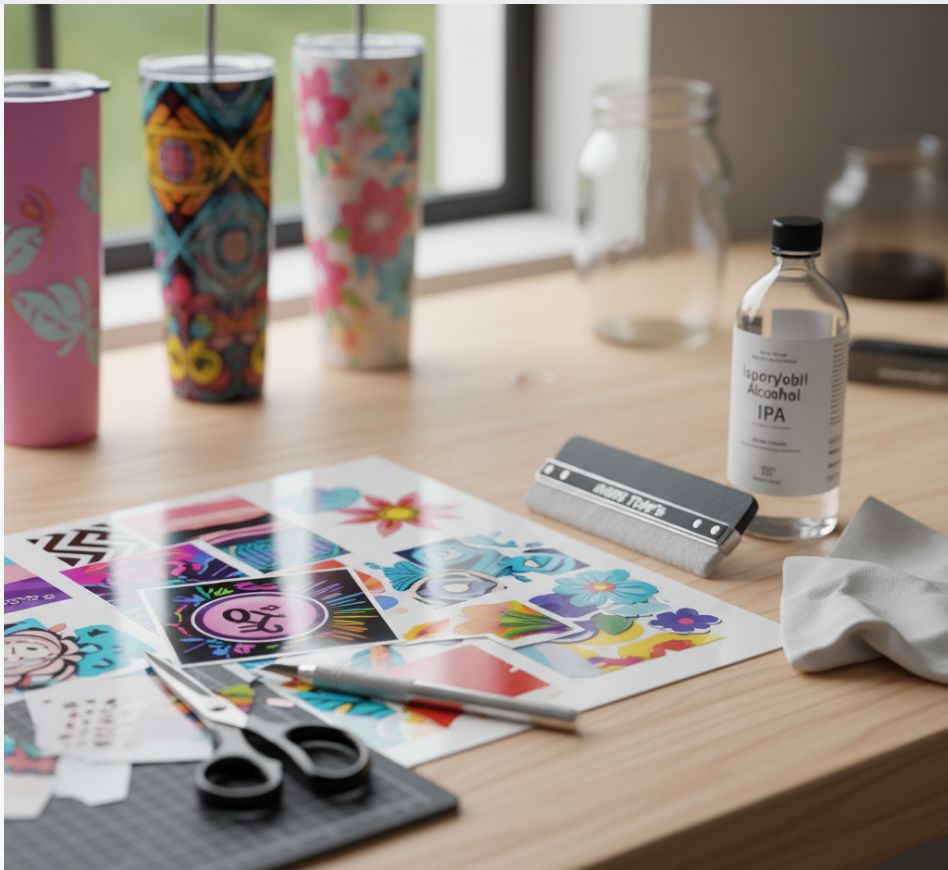 UV DTF DIY Setup: Tools, Transfers, & Cleaning Supplies A flat lay of UV DTF transfer films featuring various colorful designs, including a prominent peace sign, laid out on a wooden desk. Essential tools like scissors, a craft knife, a squeegee, isopropyl alcohol (IPA), and a lint-free cloth are neatly arranged, showcasing the setup for a DIY customization project. Decorated tumblers are blurred in the background, suggesting finished products