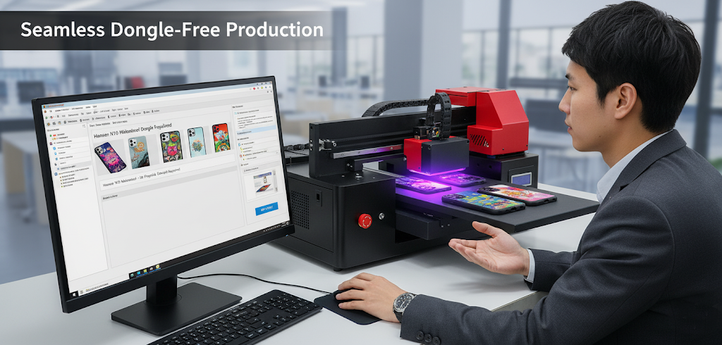 Easy workflow and software integration with printer uv a3 Operator using software connected to printer uv a3 for efficient custom printing production