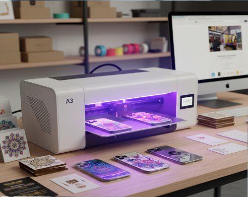 Reliable a3 size uv printer for small business and studio use Compact a3 size uv printer producing colorful phone case and card prints in office environment
