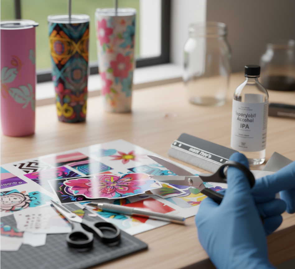 UV DTF Tools & Materials: Squeegee, IPA, Films A person in blue gloves cutting a colorful UV DTF transfer design from a sheet of films on a wooden desk with scissors. Nearby are a squeegee, isopropyl alcohol, and various tumblers, illustrating the necessary tools and materials for application