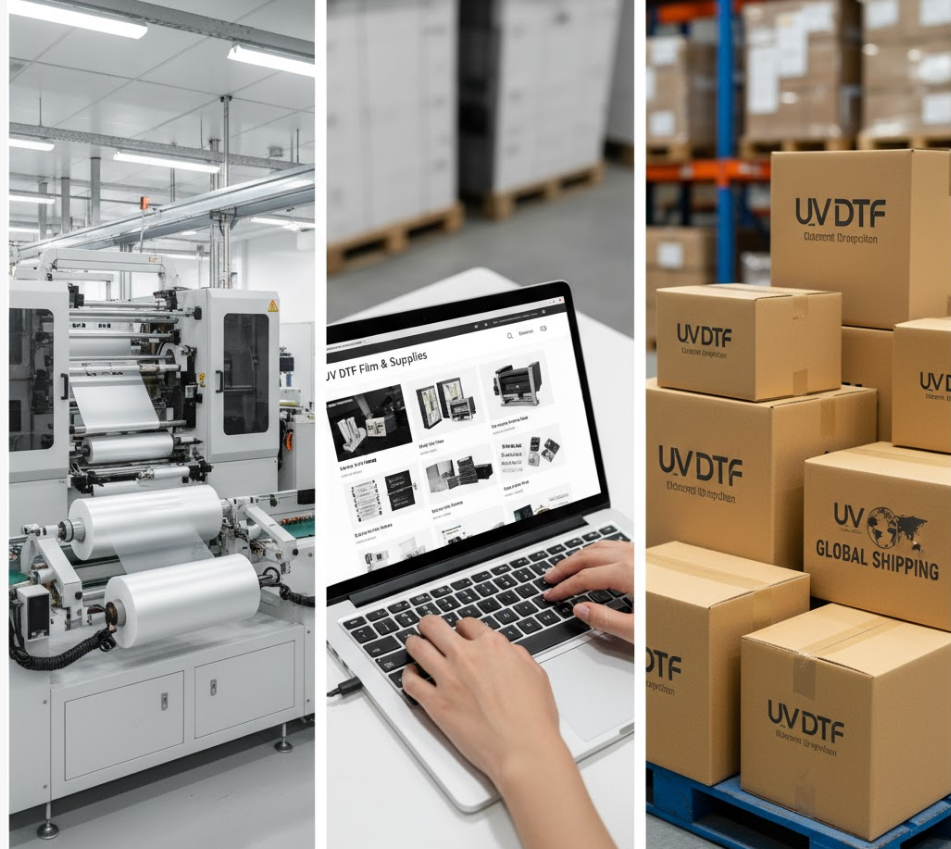 Global sourcing options for UV DTF film in sheet form Collage of UV DTF film sourcing options: a factory, online ordering on a laptop, and boxes ready for worldwide shipping