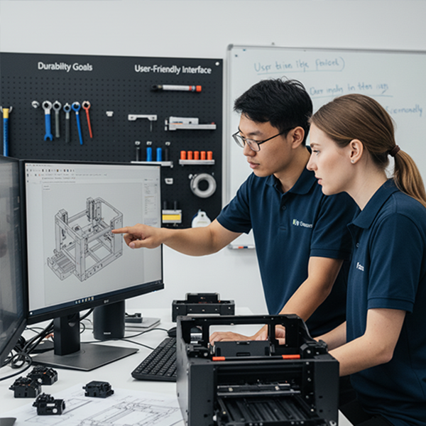 Innovative R&D process for high-performance 9060 uv printer Engineers designing advanced components for next-generation 9060 uv printer with CAD software