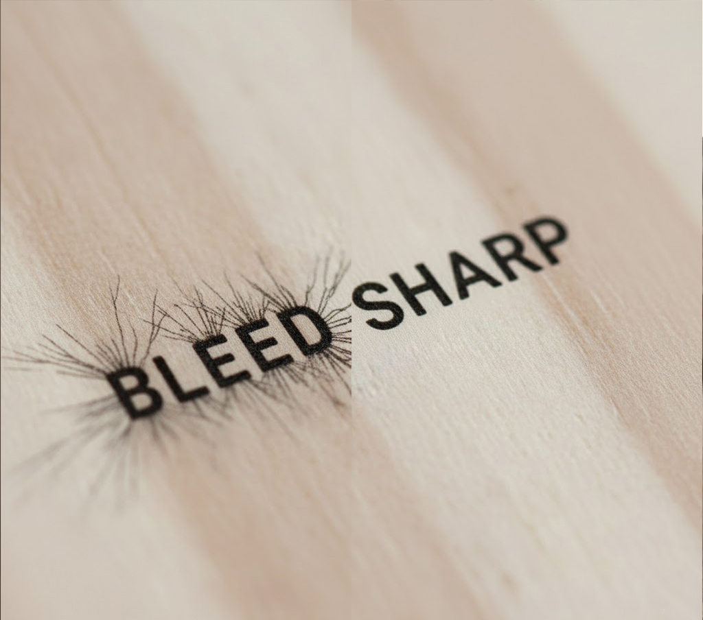 A close-up split image on a light wood surface, demonstrating the precision of UV printing. On the left, the text 'BLEED' shows ink bleeding into the wood grain, creating a fuzzy, undesirable effect. On the right, the text 'SHARP' is crisp and clean, illustrating the precise, non-bleeding results achieved with a UV light 3d printer, uv lamp 3d printer, or uv led array 3d printer for superior detailed prints on wood