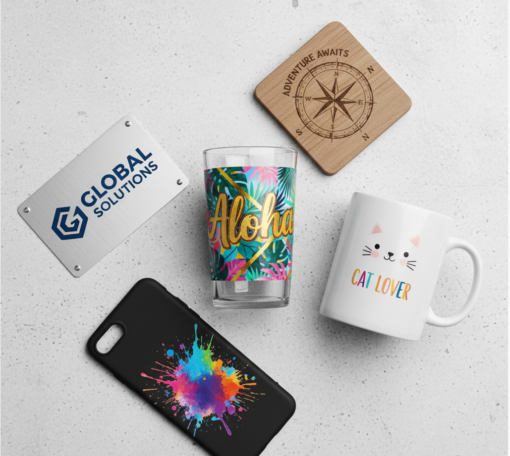 UV DTF Finished Products on Diverse Materials A flat lay of various customized items—a metal plaque, glass cup, wooden coaster, ceramic mug, and phone case—demonstrating UV DTF printing versatility.