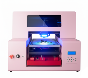 Image of a pastel pink ultraviolet printing machine, featuring an open printing bed, red internal mechanism, and a digital control panel. Designed for high-resolution direct-to-material printing on items like phone cases, leather accessories, and art prints, this machine offers small businesses a vibrant and efficient solution for professional ultraviolet printing projects