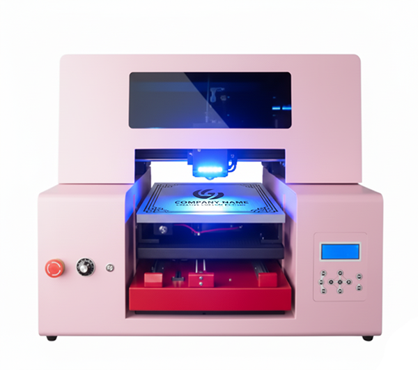 Image of a pastel pink ultraviolet printing machine, featuring an open printing bed, red internal mechanism, and a digital control panel. Designed for high-resolution direct-to-material printing on items like phone cases, leather accessories, and art prints, this machine offers small businesses a vibrant and efficient solution for professional ultraviolet printing projects