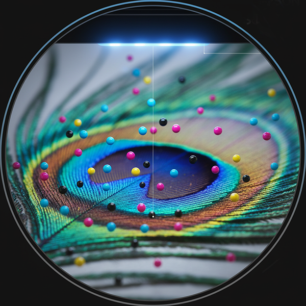 This image showcases a magnified view of a peacock feather print, demonstrating the exceptional detail, sharpness, and vibrant color accuracy produced by a UV printing machine. The floating CMYK ink droplets represent the precision layering process, highlighting how UV technology delivers fine textures, brilliant hues, and durable prints suitable for a wide range of applications