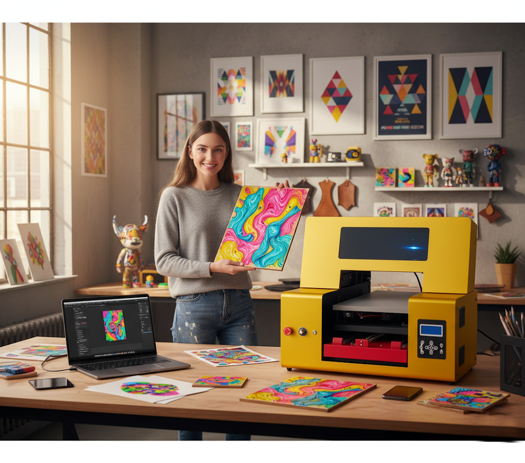 Image showcasing case study of mixed-media artist Maria, who uses a UV LED printer to restore texture and depth to her digital art prints. The scene depicts her in a creative studio with the printer, laptop, and vibrant artwork, highlighting how the technology helped her create gallery-worthy pieces with unique tactile quality, ideal for small businesses in the art and printing industry.