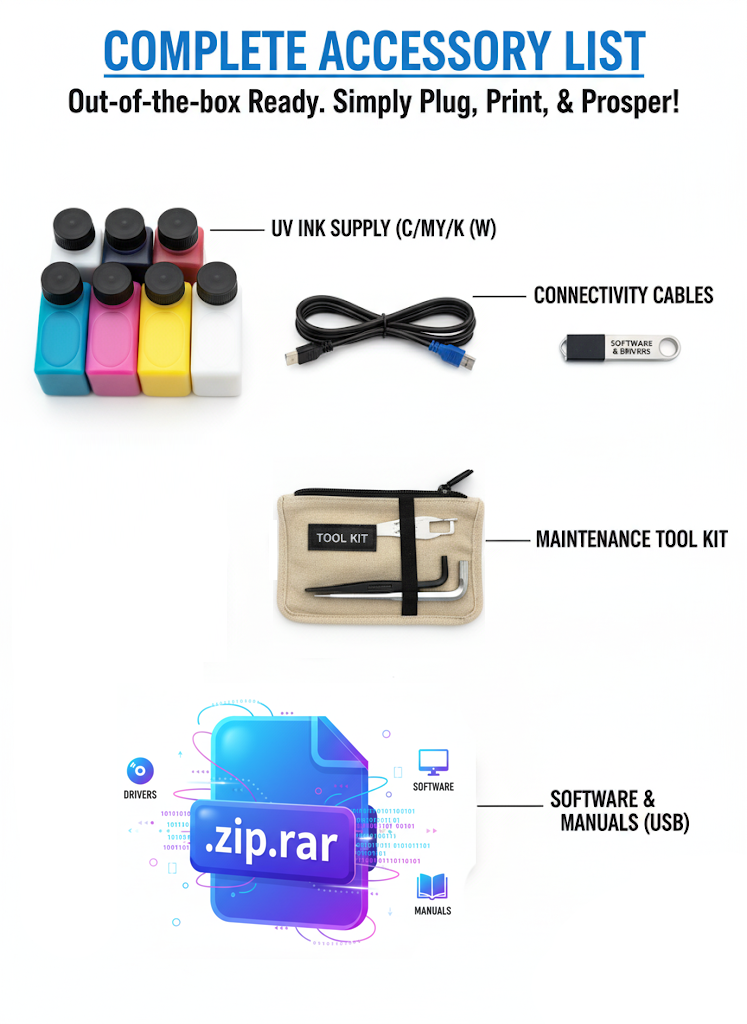 Image listing all accessories included with China UV LED digital printer: UV ink supply (C/M/Y/K/W), connectivity cables, maintenance tool kit, and software/manuals on USB. Ensures out-of-the-box readiness – simply plug, print, and prosper with comprehensive accessories for your China UV LED digital printer.