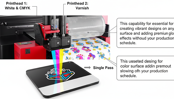 uv dtf machine with dual printhead for CMYK, white ink, and varnish in single pass printing