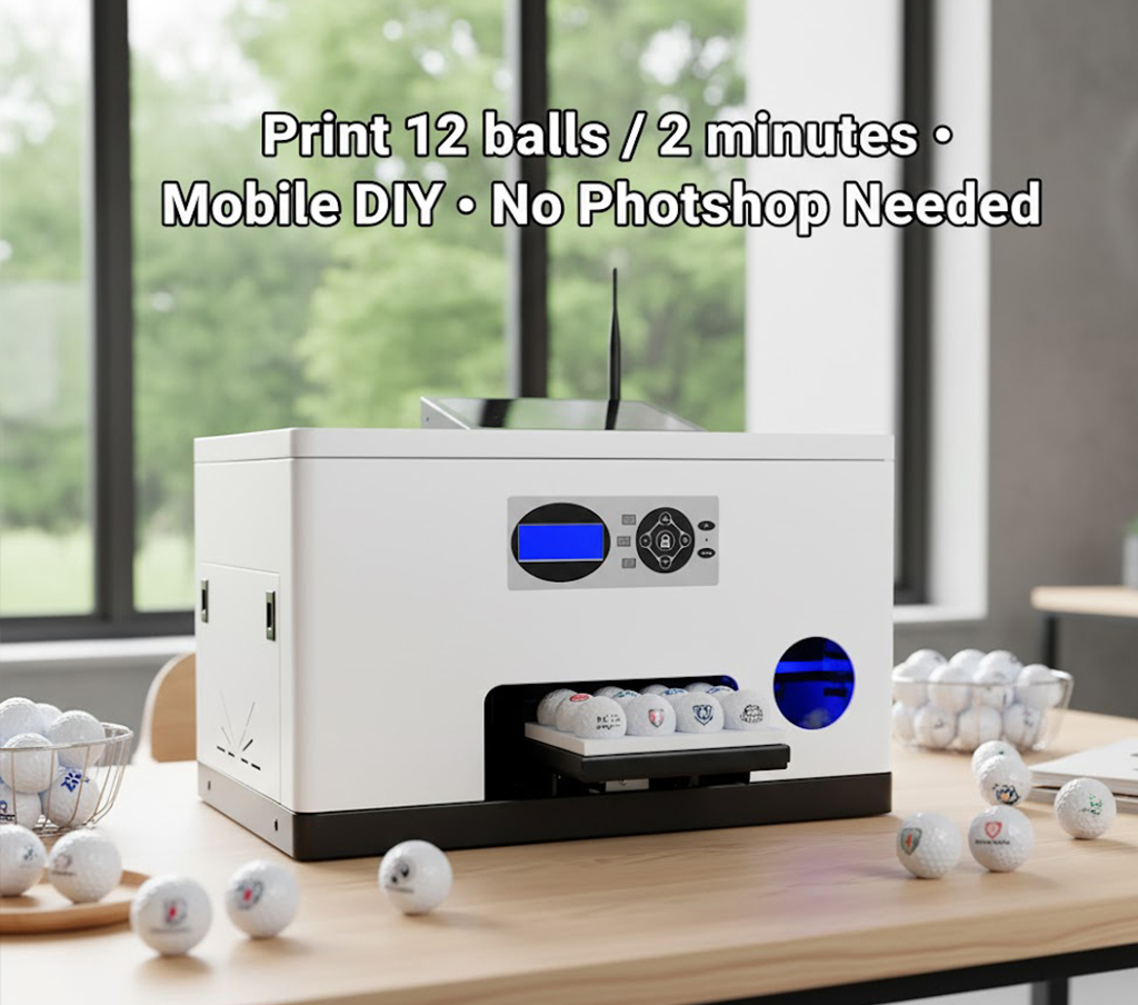 Print custom designs on golf balls with our UV printer for golf balls. Fast, easy, and no Photoshop needed for high-quality results