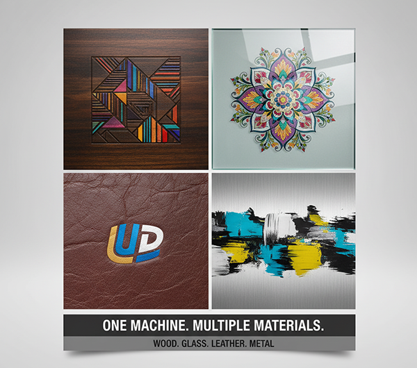 Image illustrating how a UV printer expands creative possibilities for small businesses, showcasing prints on wood, glass, leather, and metal. Highlights the printer’s ability to go beyond paper, enabling experimentation with materials like reclaimed wood, polished acrylic, and supple leather to deliver incredible results.