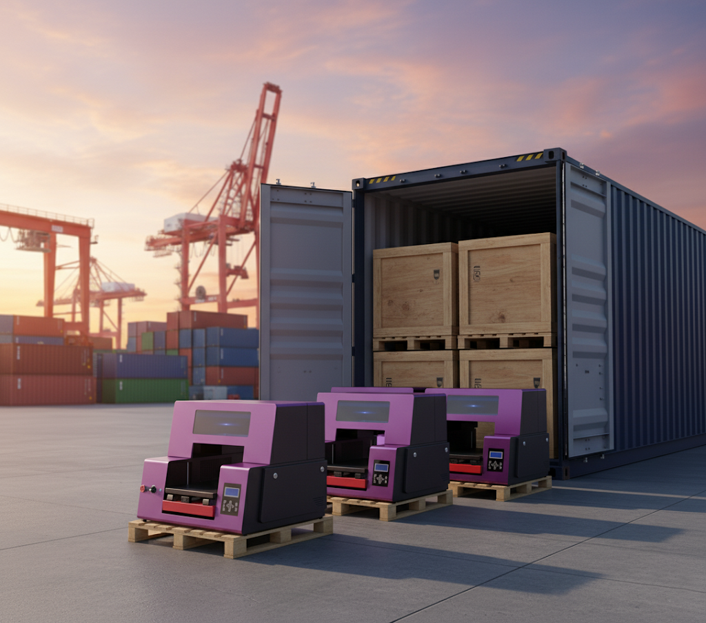 Image showing China UV LED digital printers being shipped internationally, with multiple units at a port container yard. Highlights robust packaging and global logistics capability for delivering uv printer china worldwide.