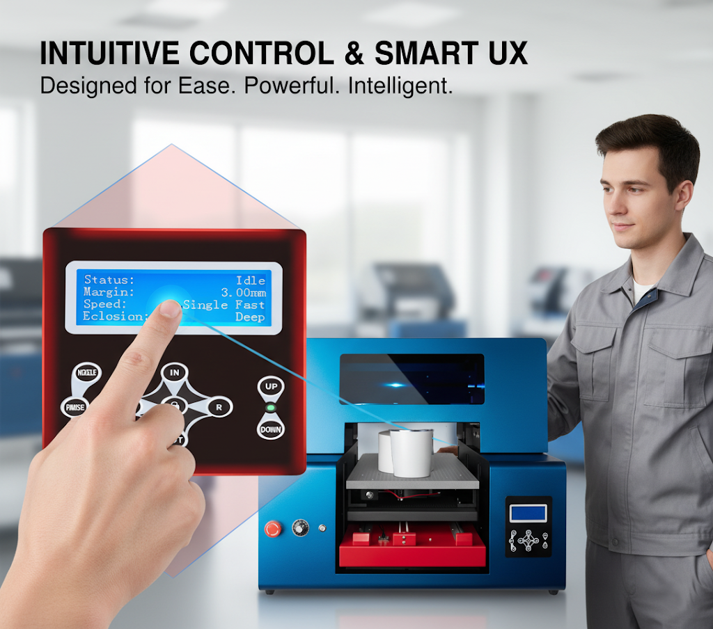 This uv inkjet printer features intuitive controls, automatic printhead cleaning, and UV LED cooling for efficient and reliable performance.
