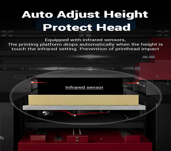 Image showcasing the auto adjust height function in China UV LED digital printer. Equipped with infrared sensors, it automatically drops the printing platform to prevent printhead impact, ensuring reliable protection for the China UV LED digital printer’s printhead during operation.