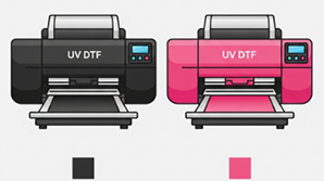 This illustration displays two UV printing machines designed for Direct-to-Film (DTF) applications, shown in black and pink color options. Both models feature a modern design with digital control panels, emphasizing versatility and ease of operation. These UV printers highlight the adaptability of the technology for personalized printing needs, combining functionality with style to meet different customer preferences.