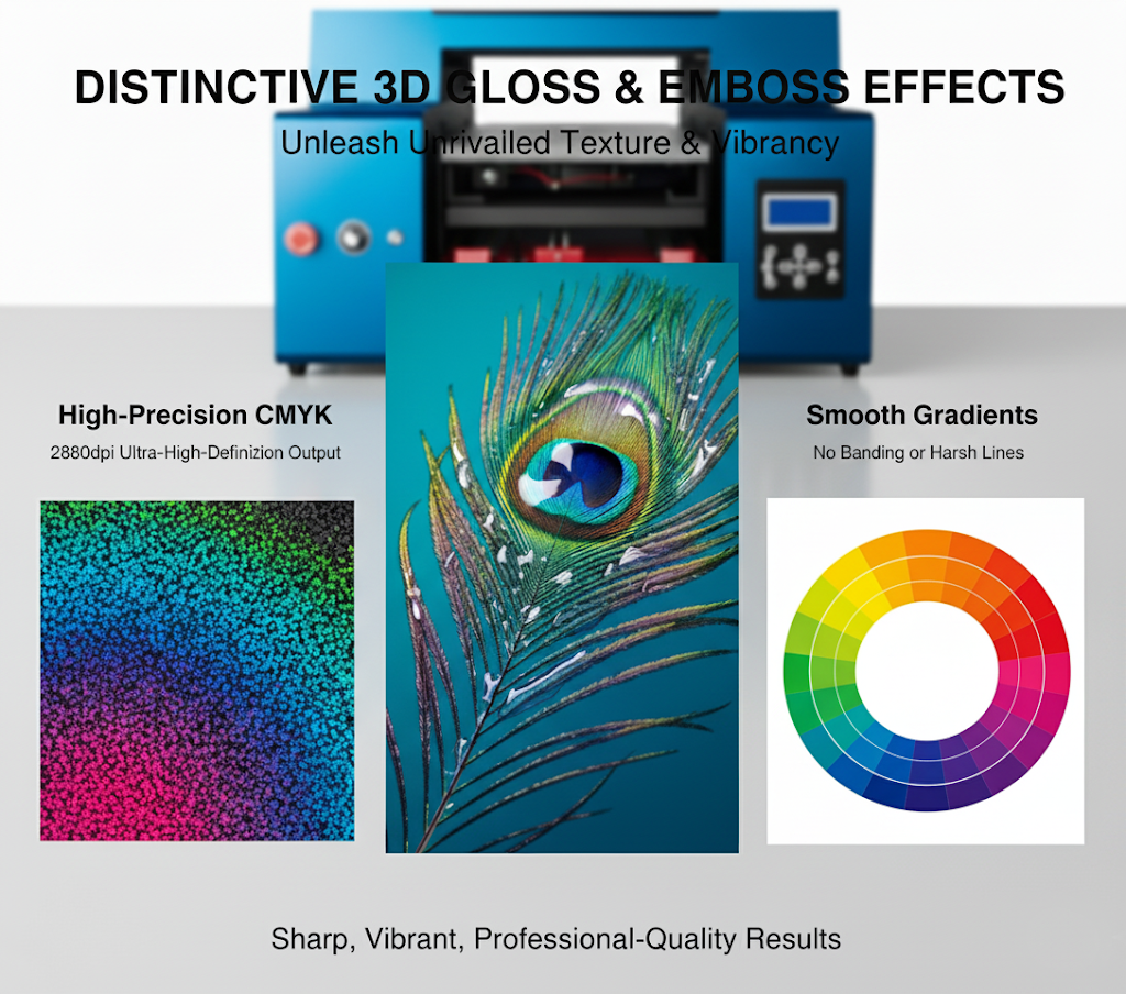 This image highlights the UV print machine equipped with a 6-channel CMYKW+Gloss ink system. Designed to go beyond standard 2D printing, it enables vivid color output on both dark and transparent substrates using a high-opacity white ink base. The addition of gloss varnish supports layered 3D embossed textures, high-gloss spot finishes, and elegant matte effects, making the UV printer ideal for producing tactile, high-value prints with superior customization
