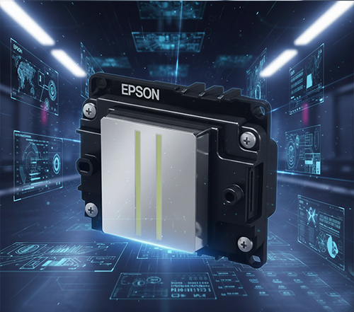 Image showcasing the Epson print head, a key component in China UV LED printer technology. Set against a futuristic digital backdrop, it highlights the advanced engineering powering high-precision China UV LED printing equipment.