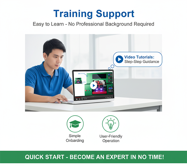Image demonstrating training support for small printers for sale. Shows a user learning via video tutorials on a laptop, with highlights on simple onboarding, user-friendly operation, and step-by-step guidance. Ideal for quick start and becoming an expert with small printers for sale, no professional background required.