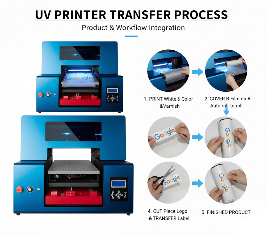 Our uv ink printer enables a smart print-to-transfer process, allowing seamless printing on flat and irregular items with precision and speed