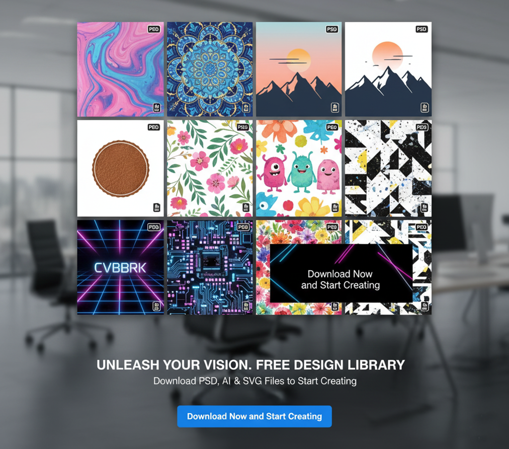 ALT Description: Image of a UV printer design template pack featuring a grid of digital designs (marble patterns, mandalas, mountain landscapes, floral motifs, and abstract art) with a 'Download Now' button. The templates help users learn UV printing workflows and visualize how digital designs translate to physical objects like leather, phone cases, and art prints, ideal for small business creators