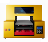 Image of a vibrant yellow UV printer for small business, with open bed, red mechanism, and digital panel. Enables high-res direct-to-material printing on items like phone cases and art prints.