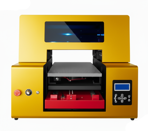 Image of a vibrant yellow UV printer for small business, with open bed, red mechanism, and digital panel. Enables high-res direct-to-material printing on items like phone cases and art prints.