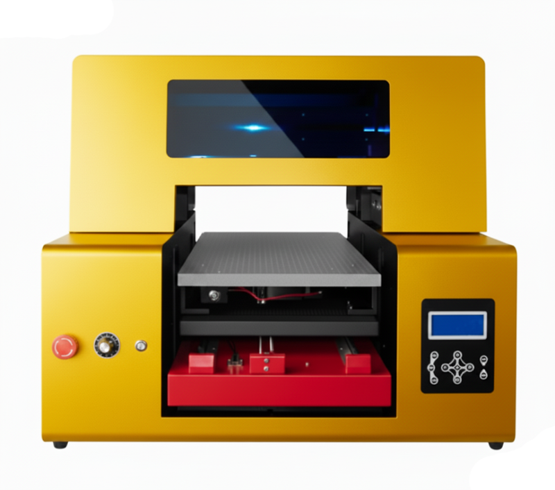 Image of a vibrant yellow UV printer for small business, with open bed, red mechanism, and digital panel. Enables high-res direct-to-material printing on items like phone cases and art prints.