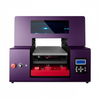 Image of a UV printer China, featuring a sleek purple body with an open printing bed, red base mechanism, and a digital control panel with a blue screen. This compact machine is designed for high-resolution direct-to-object printing on materials like plastic, leather, and metal, making it a reliable choice for small business creators seeking efficient UV printing solutions from China
