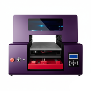 Image of a UV printer China, featuring a sleek purple body with an open printing bed, red base mechanism, and a digital control panel with a blue screen. This compact machine is designed for high-resolution direct-to-object printing on materials like plastic, leather, and metal, making it a reliable choice for small business creators seeking efficient UV printing solutions from China
