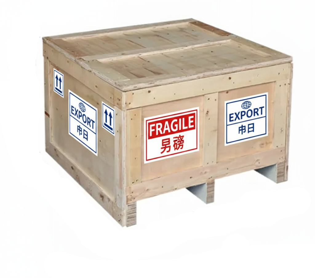Image of a reinforced wooden export crate with "FRAGILE" and bilingual labels, ensuring secure transportation for China UV LED digital printer. Designed for international freight rigors, it provides robust protection to prevent damage during shipping.