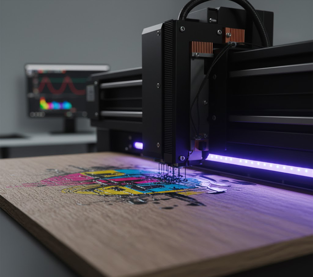 Close-up of a UV Flatbed Printer printing vibrant, multi-color graphics on a wooden substrate, with UV LED curing lights and a color management screen in the background