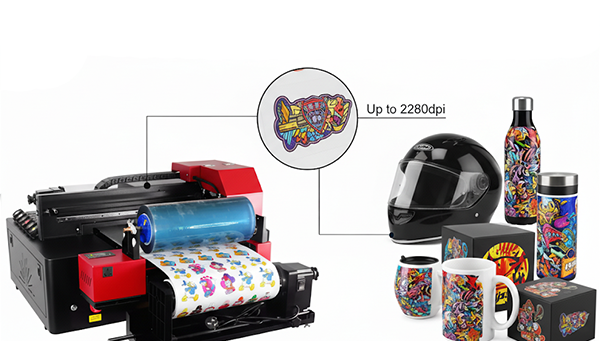 uv dtf printing machine delivering up to 2280dpi resolution for labels, mugs, helmets, and packaging