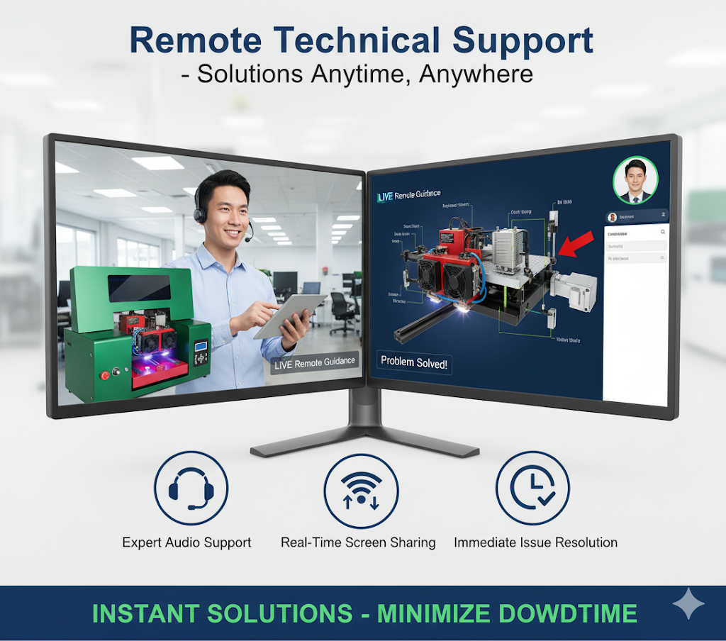 Image illustrating remote technical support for small UV printer. Features dual monitors showing live remote guidance, expert audio support, real-time screen sharing, and immediate issue resolution. Ensures instant solutions for small UV printer users, minimizing downtime with anytime, anywhere assistance.