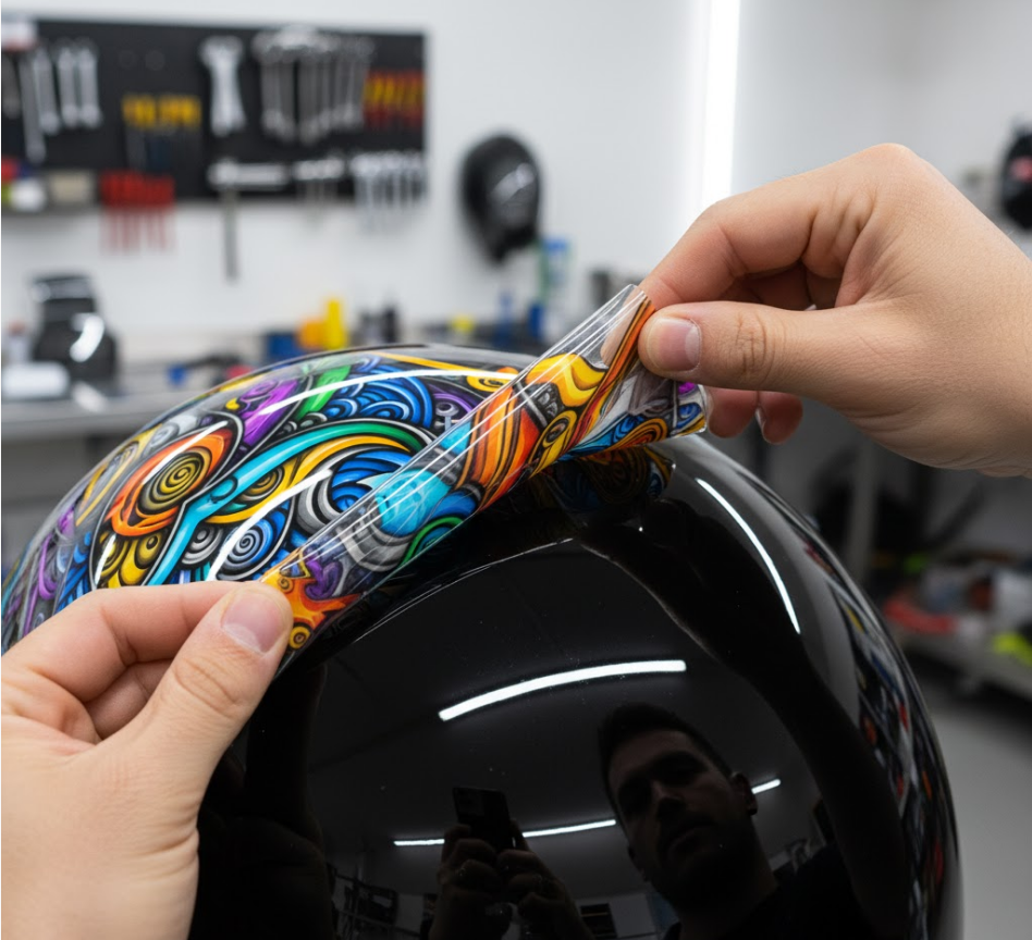 Where to get UV DTF film in sheets for custom prints Hand peeling a vibrant decal from a helmet, showing where can i get uv dtf film in sheets for high-quality, custom results