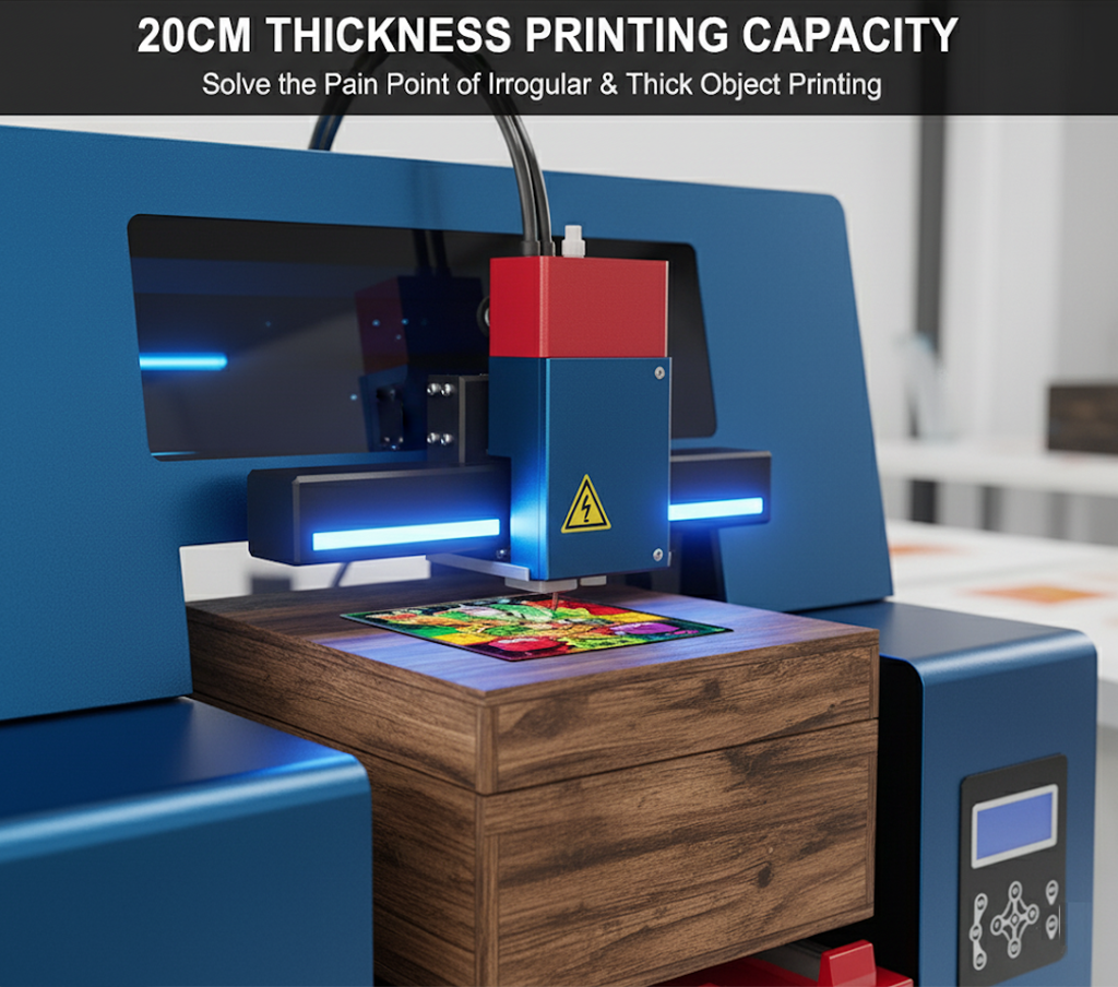 Our uv ink jet printer supports up to 20cm printing thickness, making it easy to print on irregular and thick objects with precision and vibrant results.