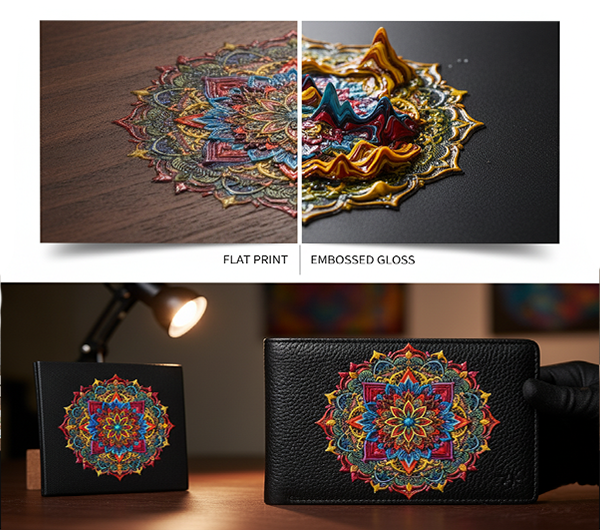 Image showcasing 3D embossed and flat print comparison enabled by UV printer for small business. Demonstrates how to sculpt with light and texture, creating tangible 3D embossed effects (vs flat print) to add tactile details that engage viewers, ideal for small businesses looking to elevate their art and products with professional UV printing