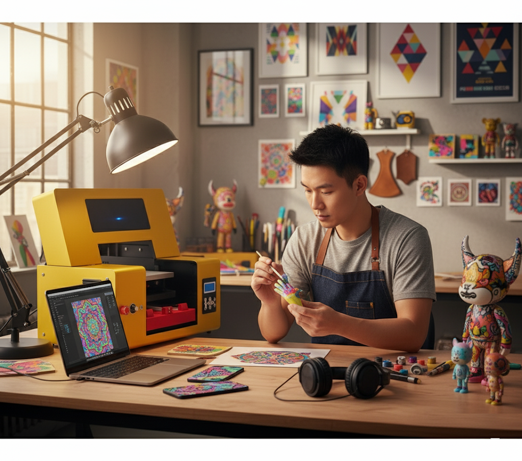 Image showcasing case study of product designer Ben, who leverages a UV printer to produce custom, high-resolution graphics on headphone shells. The scene depicts him in a workshop with the printer, laptop, and personalized audio gear, illustrating how the technology enabled him to launch a successful Etsy store and create unique, durable products for gamers and musicians, ideal for small businesses in custom product design.