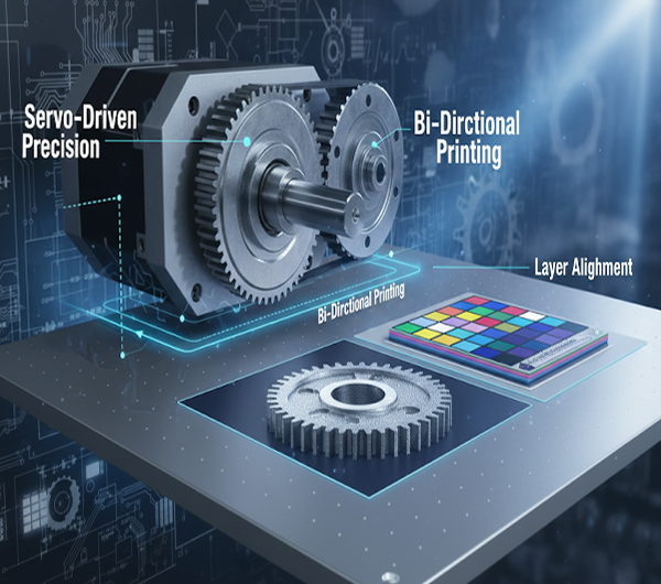 Image illustrating servo-driven precision in UV printer technology, featuring high-precision gears for bi-directional printing and perfect layer alignment. Highlights the mechanical engineering behind accurate, professional-grade UV printing results.