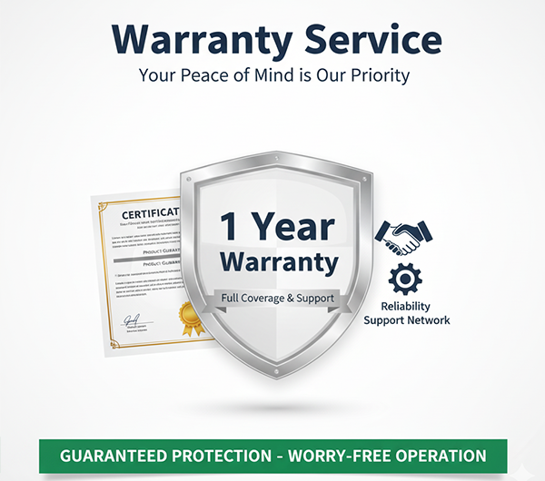 Image showcasing warranty service for uv printing machine small. Features a shield with "1 Year Warranty - Full Coverage & Support", certification document, and icons for reliability support network. Ensures guaranteed protection and worry-free operation for small UV printing machines.