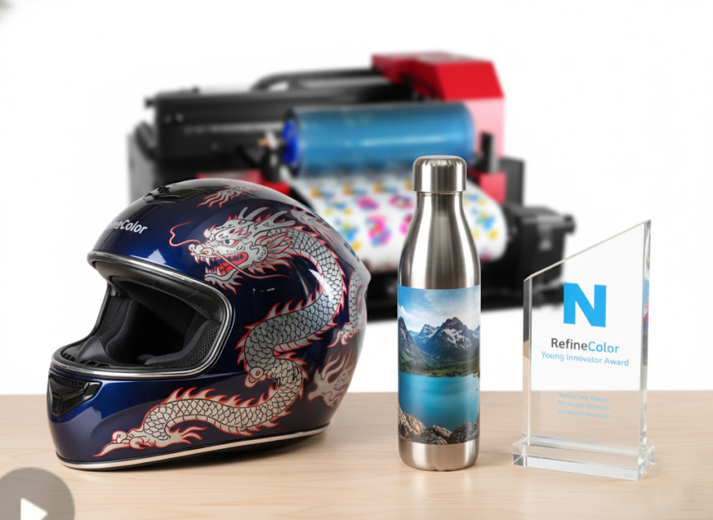 An A3 UV DTF Printer shown in the background with a collection of finished custom products in the foreground, including a helmet, bottle, and acrylic trophy.