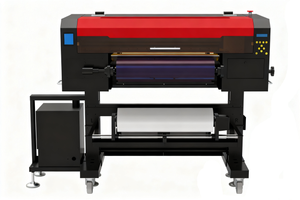 High-performance UV sticker printer with red and black design, featuring roll-to-roll capability, intuitive control panel, and robust build for durable UV DTF sticker printing