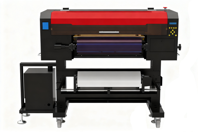 High-performance UV sticker printer with red and black design, featuring roll-to-roll capability, intuitive control panel, and robust build for durable UV DTF sticker printing