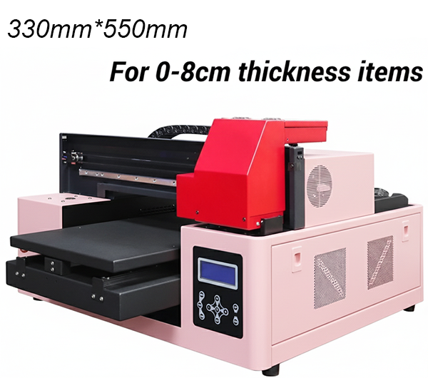 This image presents an advanced ultraviolet machine designed for printing on items with varying thicknesses. With a working size of 330mm × 550mm, it supports objects from 0–8cm and offers up to 20cm vertical substrate clearance. The robust gantry system enables direct printing on flat sheets, pre-assembled products, and complex industrial components, making it a flexible solution for diverse material applications beyond standard media